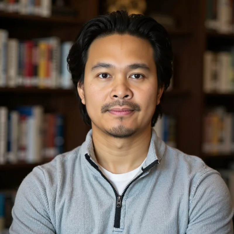 Portrait of me in a grey quarter-zip sweater in front of a bookshelf.